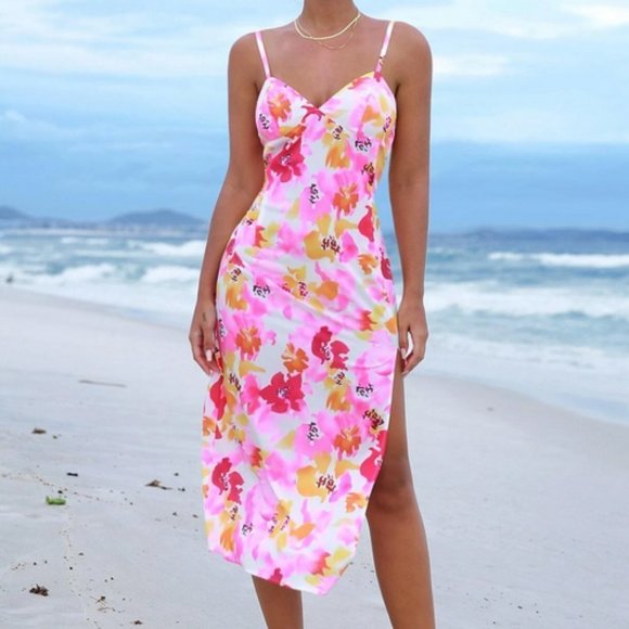 multicolor floral allover print split thigh cami dress summer vacay travel cute - Picture 5 of 5